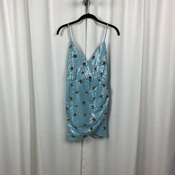 Revolve Superdown Blue Star Print Sequin Dina Mini Dress Sz.S - Picture 4 of 16